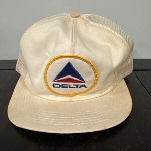 VINTAGE 80's DELTA Airlines Patch White Trucker Hat Snap Back Adjustable Stained